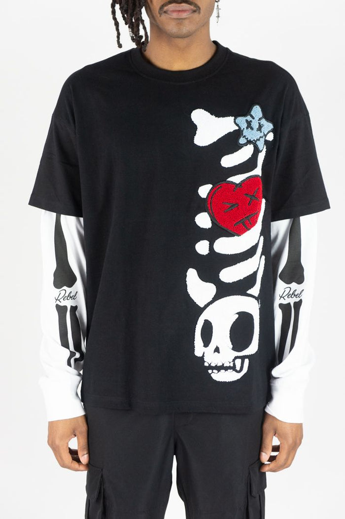 Black Rebel Minds Skeleton Twofer long sleeve T-shirt featuring a skeletal graphic design on the front.