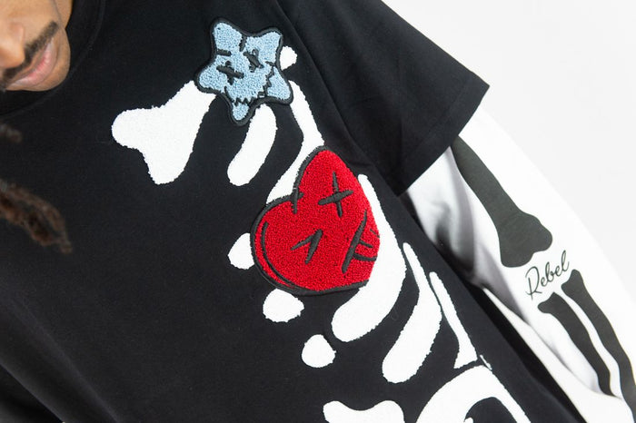 Black Rebel Minds Skeleton Twofer long-sleeve T-shirt featuring a skeleton graphic design on the front.