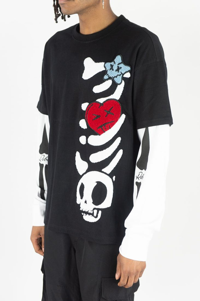 Black Rebel Minds Skeleton Twofer long-sleeve T-shirt with graphic skeleton design, casual fit and comfortable fabric.