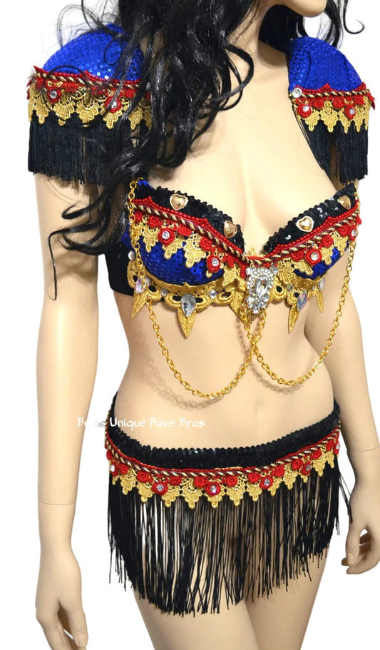 Red and Blue Fringe Ring Leader Bra and Fringe Skirt Costume