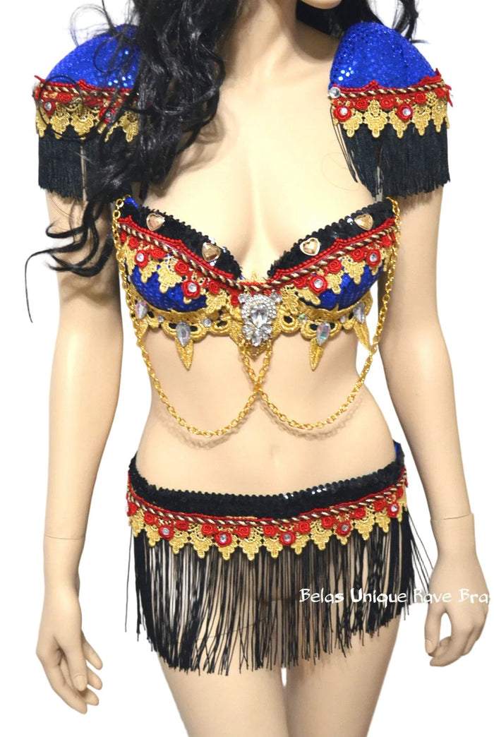 Red and Blue Fringe Ring Leader Bra and Fringe Skirt Costume