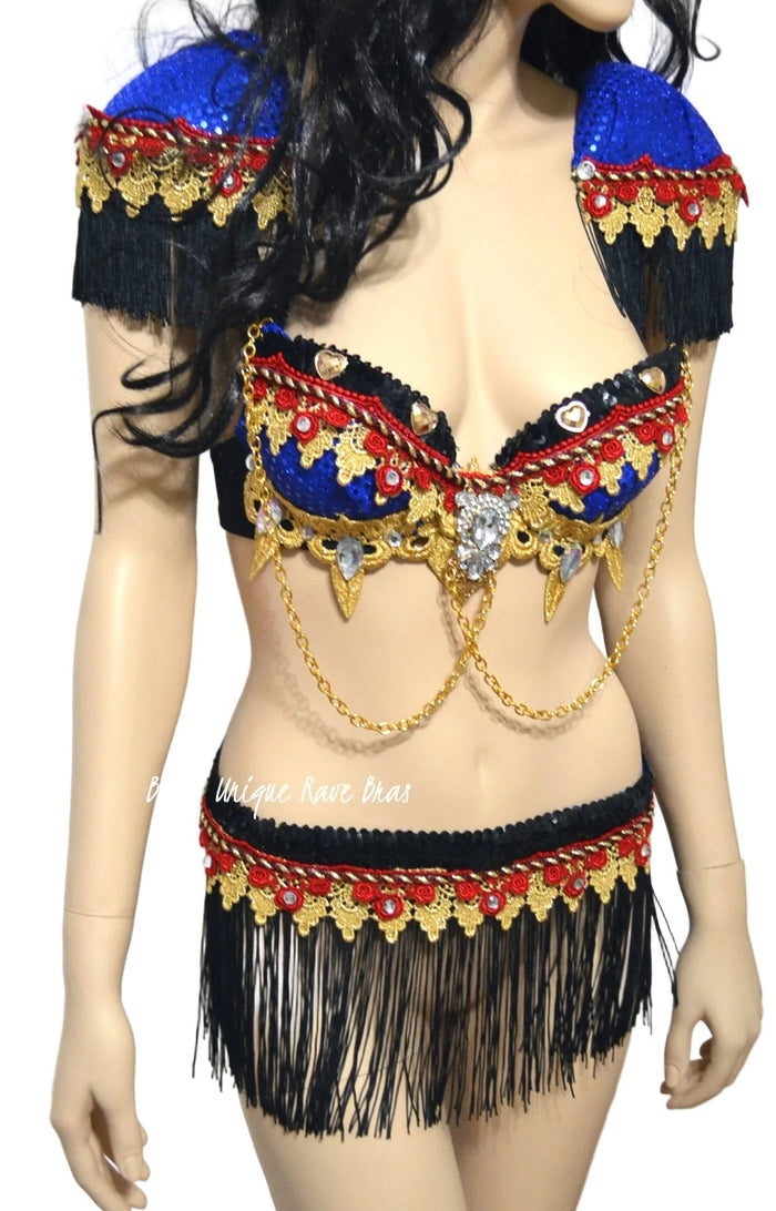 Red and Blue Fringe Ring Leader Bra and Fringe Skirt Costume