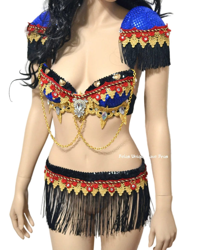 Red and Blue Fringe Ring Leader Bra and Fringe Skirt Costume