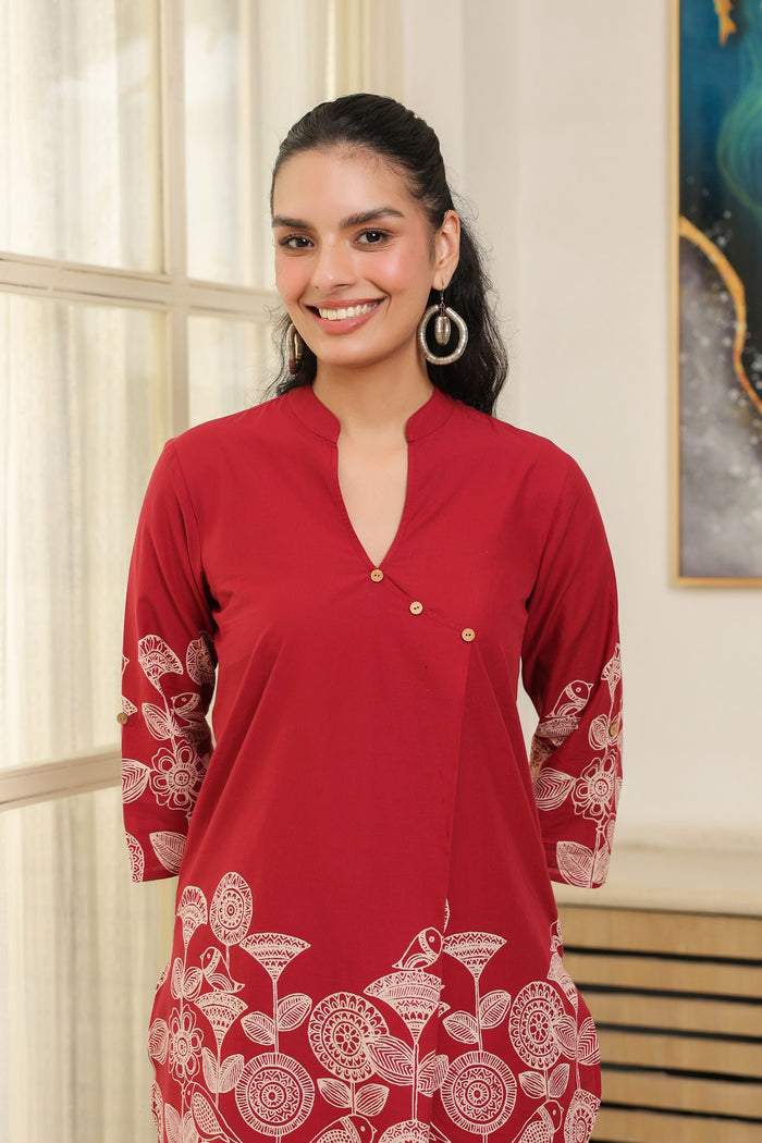 Red Floral Border Printed Cotton Co-ord Set