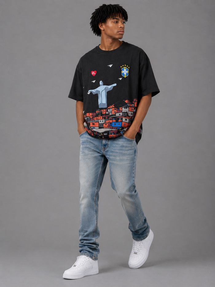 Black Red Letters "Favelas" oversized T-shirt with bold red lettering on front, casual fit, made from soft fabric.