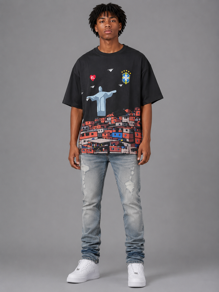 Black Red Letters "Favelas" oversized T-shirt with bold white text on the front, casual streetwear style.