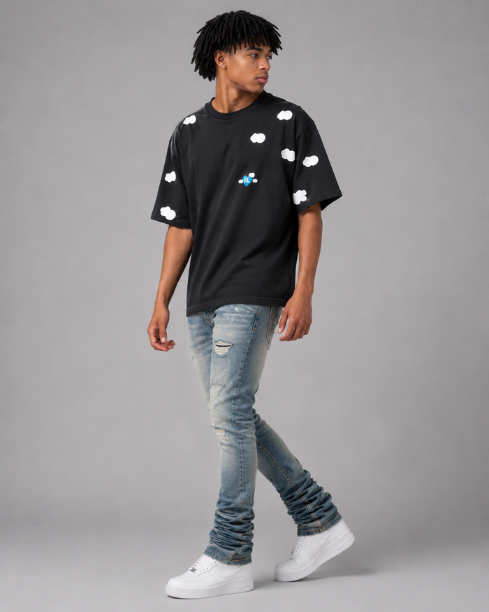 Black Red Letters "Fly Me To The Moon" oversized T-shirt with bold print design.