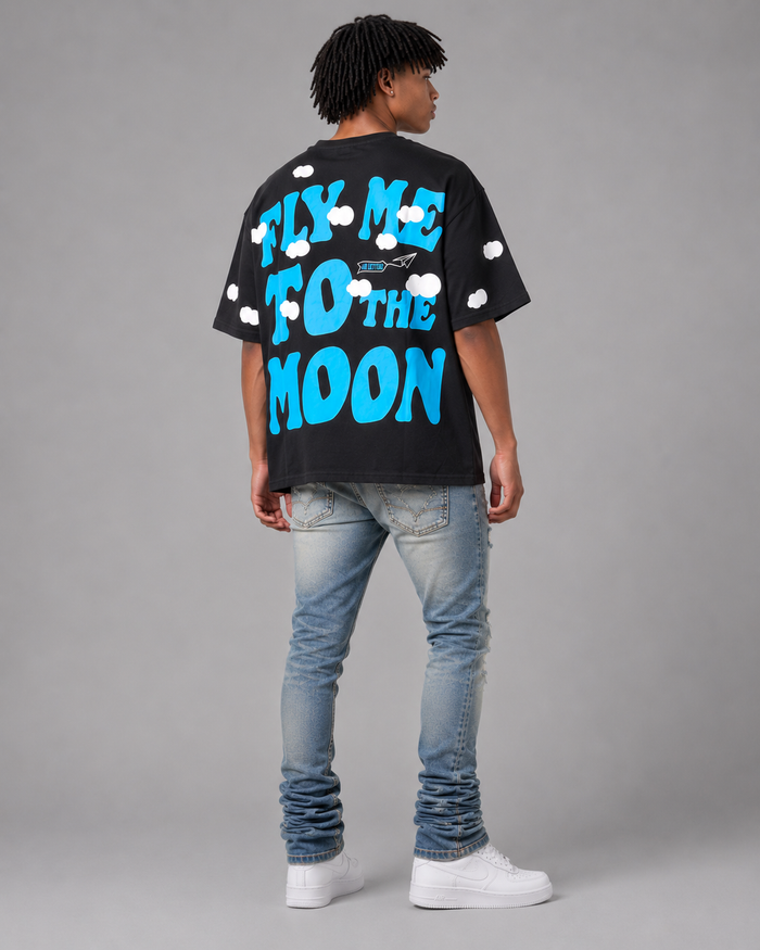Red Letters "Fly Me To The Moon" oversized black T-shirt with bold white text, casual fit, and comfortable fabric for everyday wear.