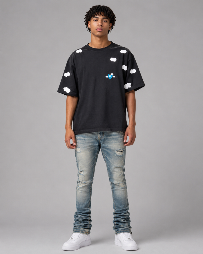 Red Letters "Fly Me To The Moon" black oversized T-shirt with red text, casual unisex apparel for everyday wear.