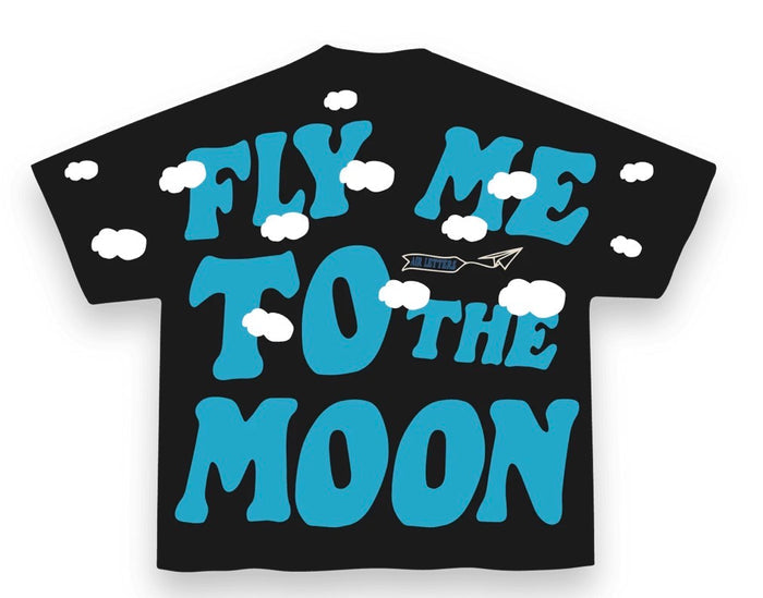 Black Red Letters "Fly Me To The Moon" oversized T-shirt with red text design, casual fit, and relaxed style.