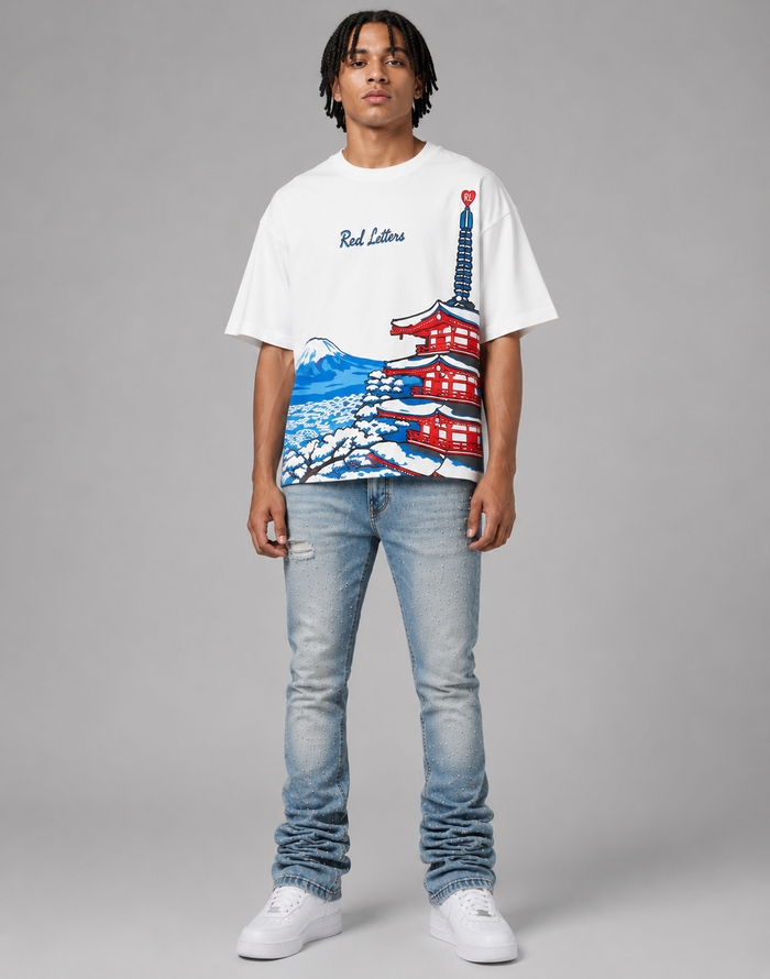 Red Letters Japan Fuji oversized white T-shirt with bold red text on front, casual streetwear style.