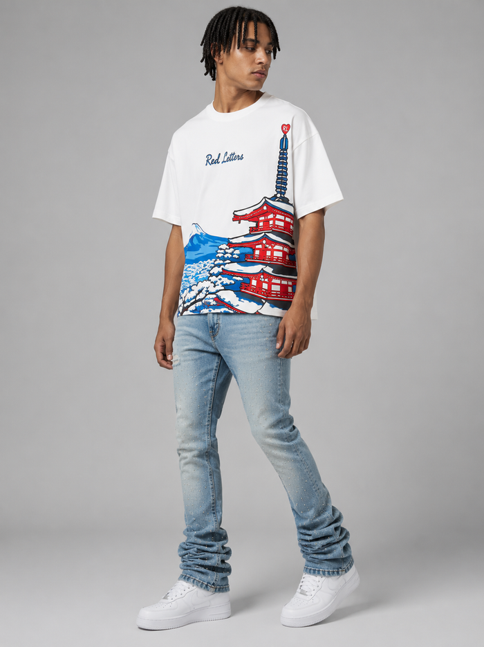 Red Letters Japan Fuji white oversized T-shirt with bold red text, casual style, front view showing the graphic design.