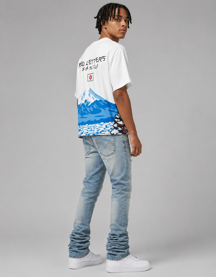 White Red Letters "Japan Fuji" oversized T-shirt featuring bold red text and casual fit, perfect for a stylish streetwear look.