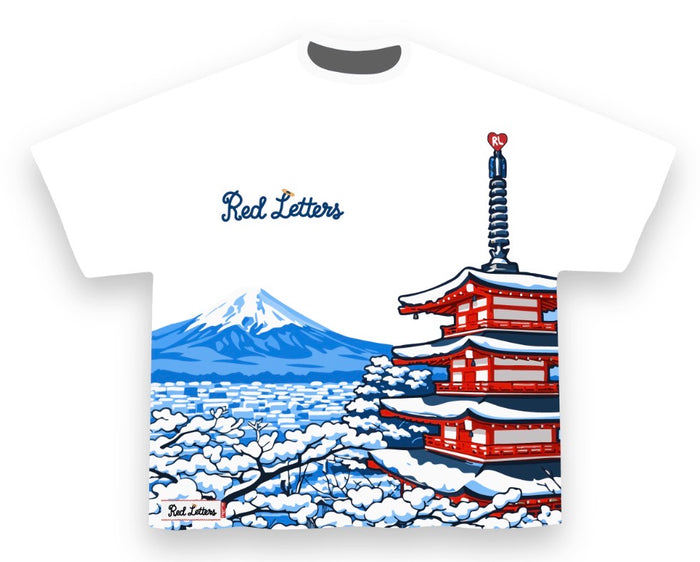 Red Letters Japan Fuji oversized white T-shirt with red text graphic, casual fit, and soft fabric for everyday wear.