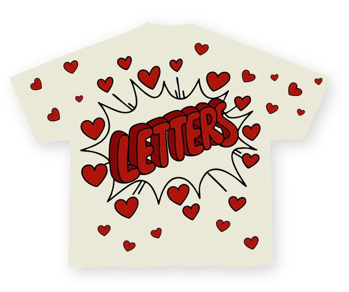 Red Letters "Love Letters" oversized cream T-shirt with bold red text, casual style, and relaxed fit.