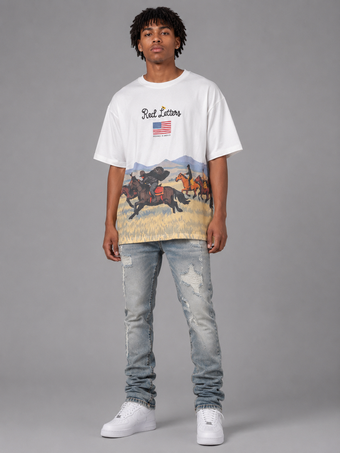 Red Letters "The Wild West" oversized white T-shirt with bold red text, casual fit, and relaxed style.