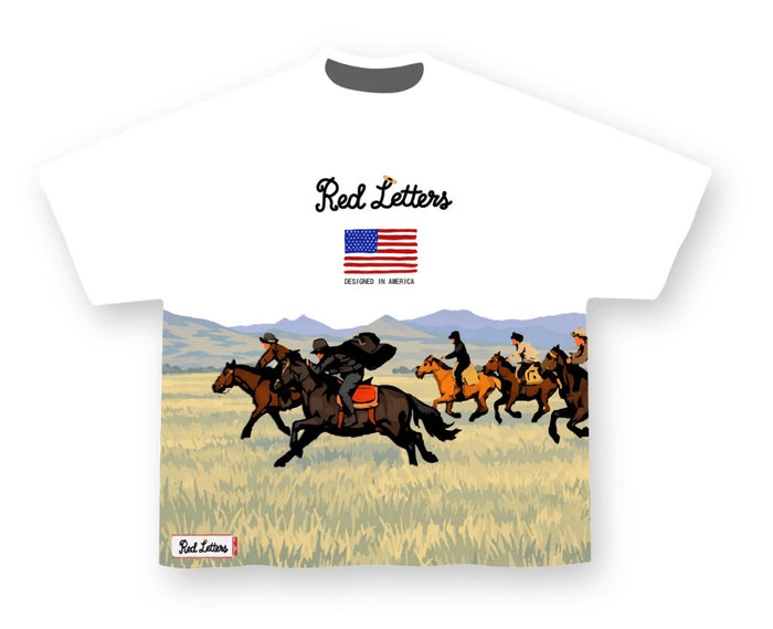 White oversized Red Letters T-Shirt featuring "The Wild West" text, casual style, from Red Letters brand.