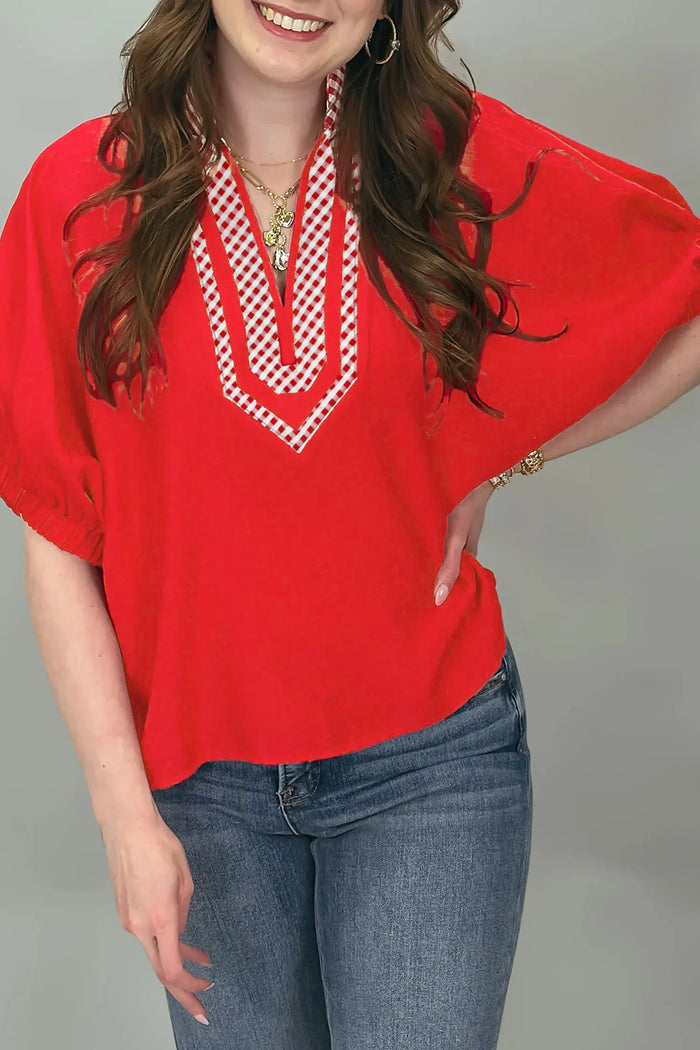 Red V Neck Plaid Collar Short Sleeve Tunic Blouse – Fiery Red