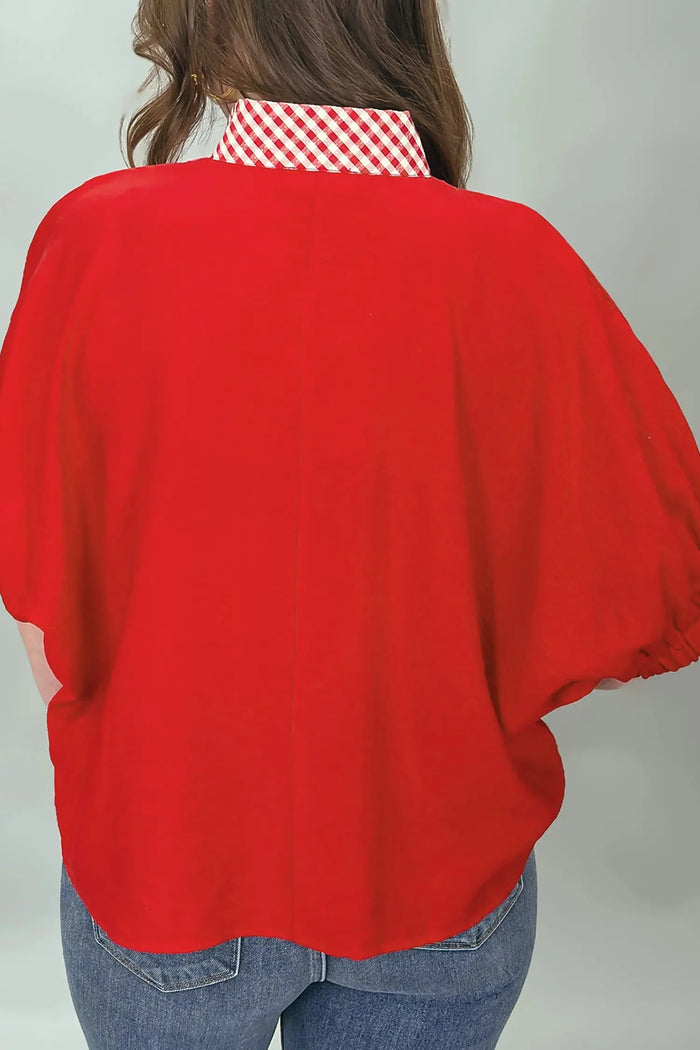 Red V Neck Plaid Collar Short Sleeve Tunic Blouse – Fiery Red