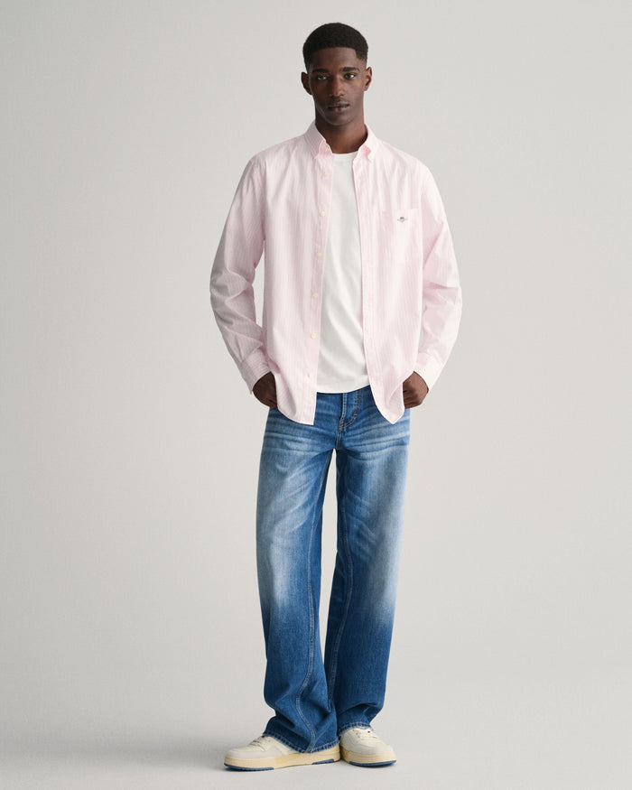 Regular Fit Striped Poplin Shirt in Pink