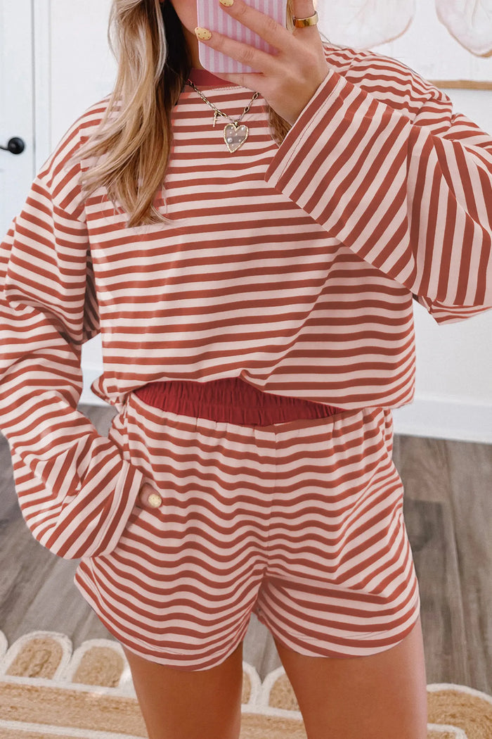 Relaxed Long Sleeve Top Contrast Elastic Waistband Short Set – Brown Stripe