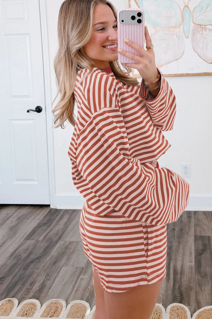 Relaxed Long Sleeve Top Contrast Elastic Waistband Short Set – Brown Stripe