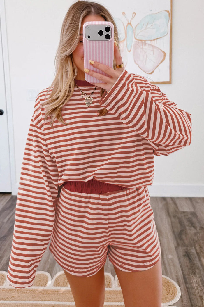 Relaxed Long Sleeve Top Contrast Elastic Waistband Short Set – Brown Stripe