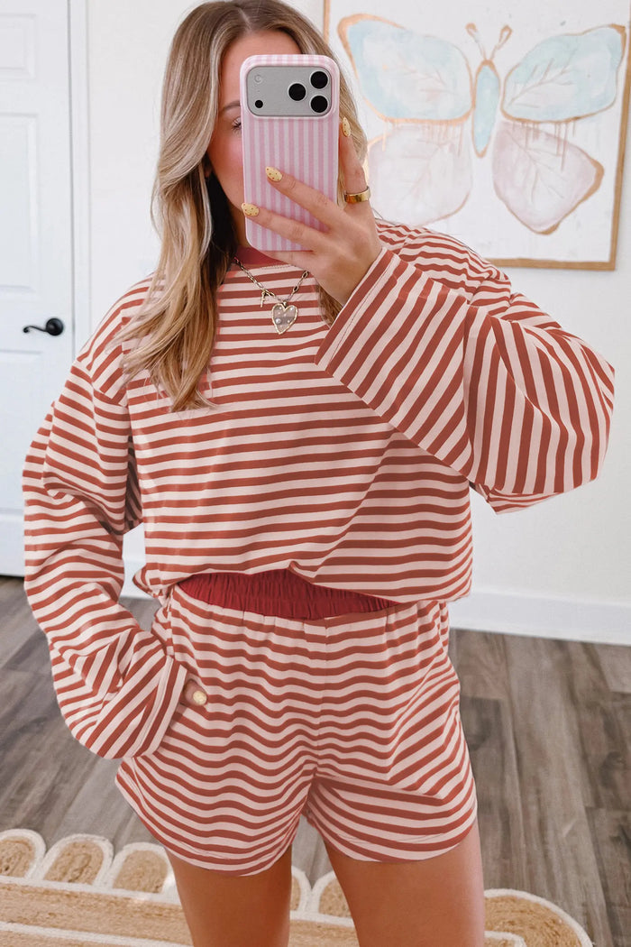 Relaxed Long Sleeve Top Contrast Elastic Waistband Short Set – Brown Stripe