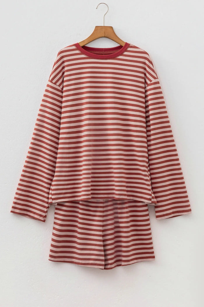 Relaxed Long Sleeve Top Contrast Elastic Waistband Short Set – Brown Stripe