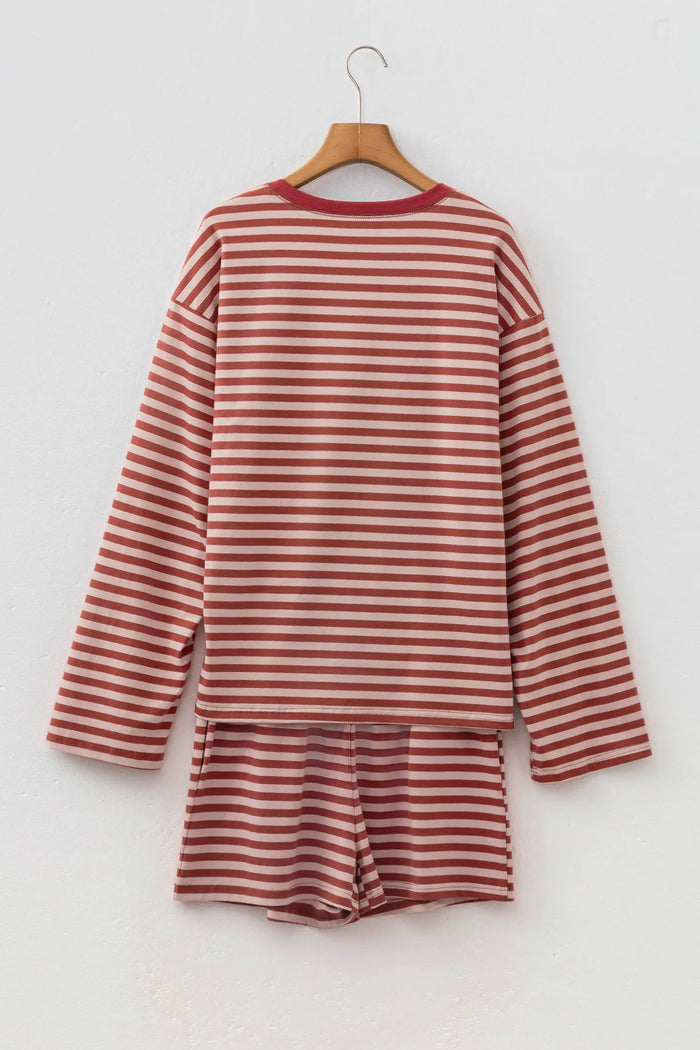 Relaxed Long Sleeve Top Contrast Elastic Waistband Short Set – Brown Stripe