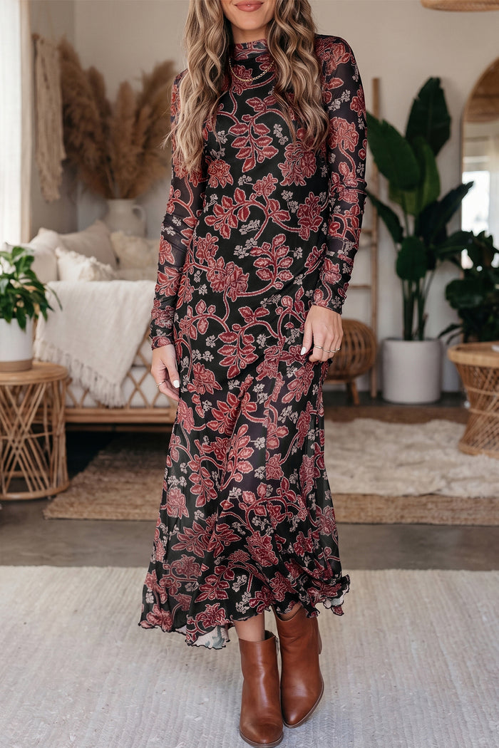 Retro Floral Print Long Sleeve Casual Mesh Dress – Black