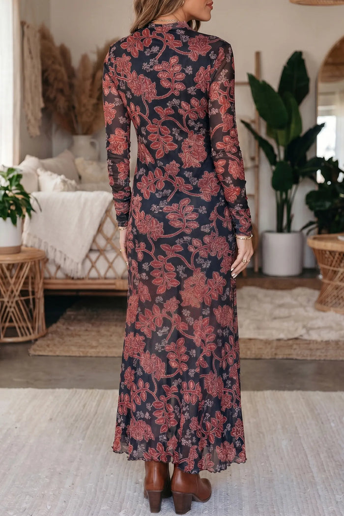 Retro Floral Print Long Sleeve Casual Mesh Dress – Black
