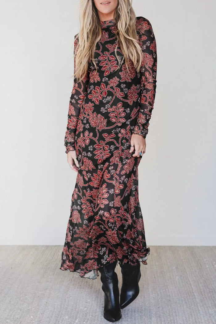 Retro Floral Print Long Sleeve Casual Mesh Dress – Black