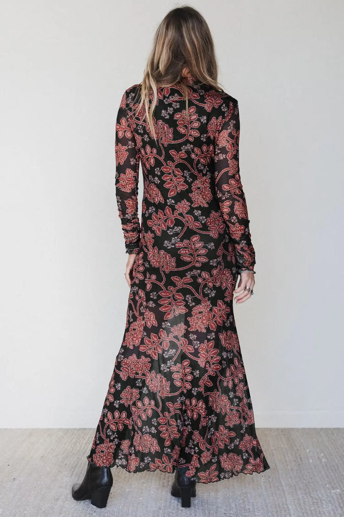 Retro Floral Print Long Sleeve Casual Mesh Dress – Black