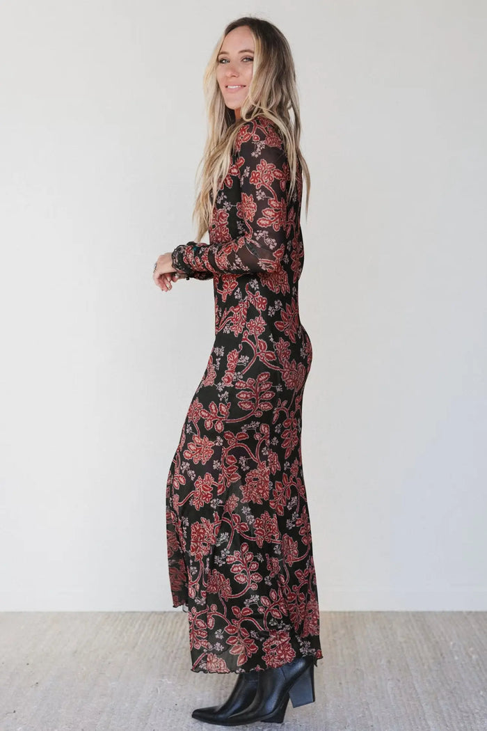 Retro Floral Print Long Sleeve Casual Mesh Dress – Black