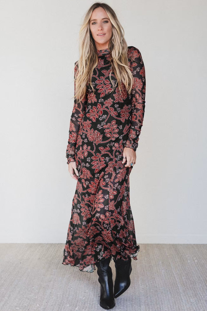 Retro Floral Print Long Sleeve Casual Mesh Dress – Black
