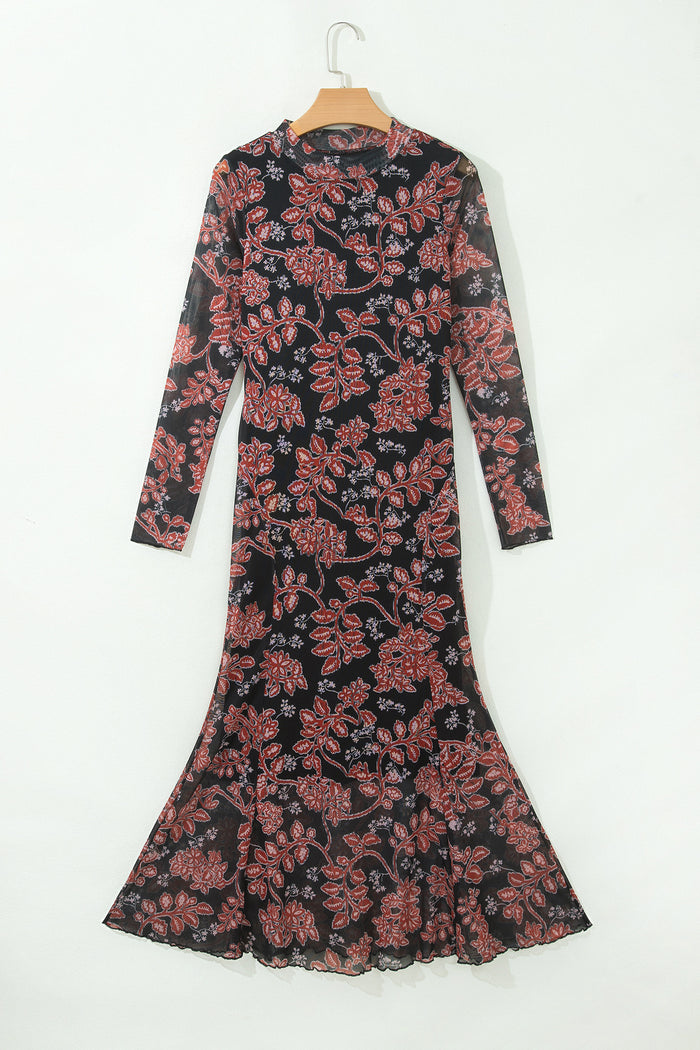 Retro Floral Print Long Sleeve Casual Mesh Dress – Black