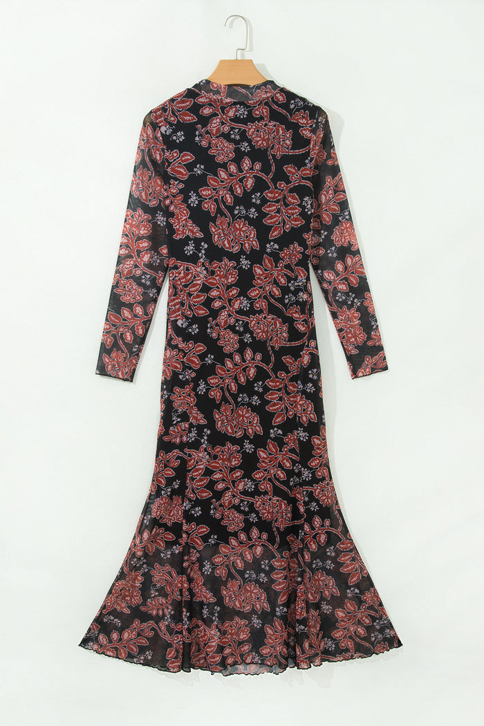 Retro Floral Print Long Sleeve Casual Mesh Dress – Black