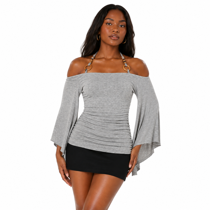 Women's striped off the shoulder top with retro styling, flared three-quarter sleeves, a regular length, and striped details.