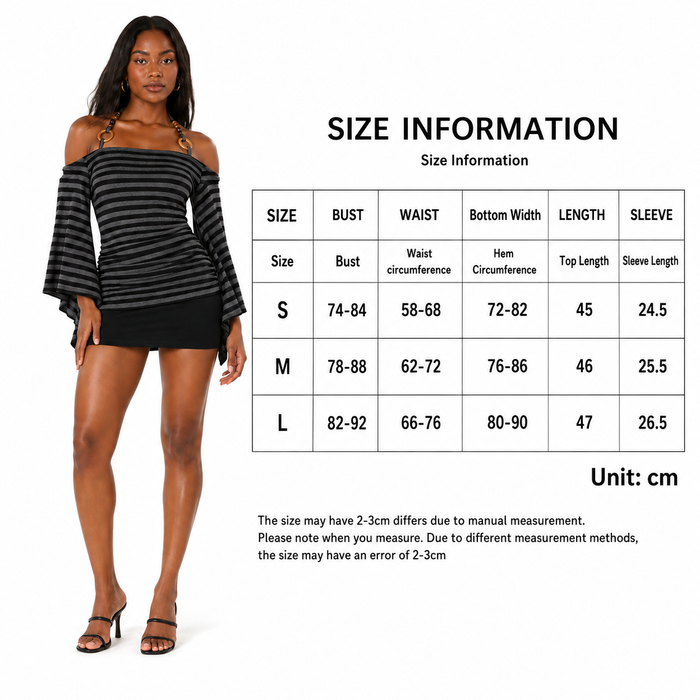 A size chart graphic showing a woman modeling a black and gray striped off-the-shoulder mini dress next to a size measurement table with bust, waist, bottom width, length, and sleeve measurements in centimeters.