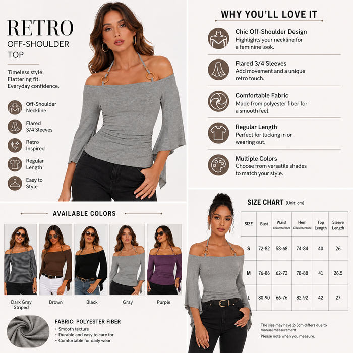 Women's retro striped top, highlighting the off-shoulder neckline, flared sleeve style, and three-quarter sleeve proportions.