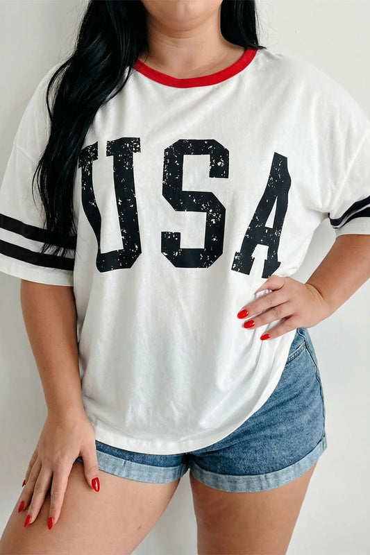 Retro USA Striped Trim Short Sleeve Plus Size Tee – White