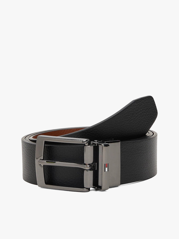 Reversible Square Buckle Leather Belt in Black
