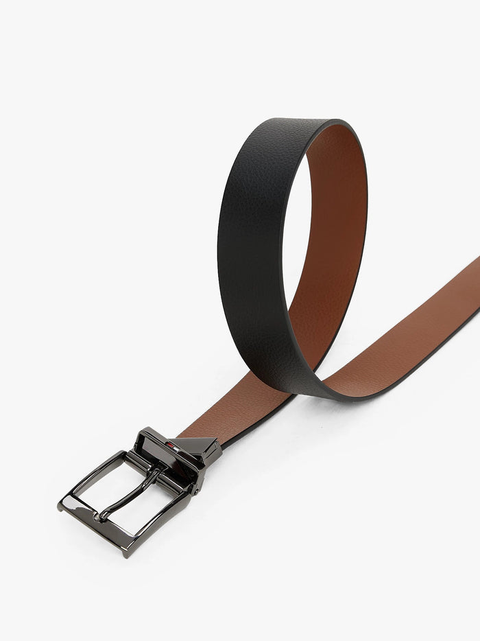 Reversible Square Buckle Leather Belt in Black