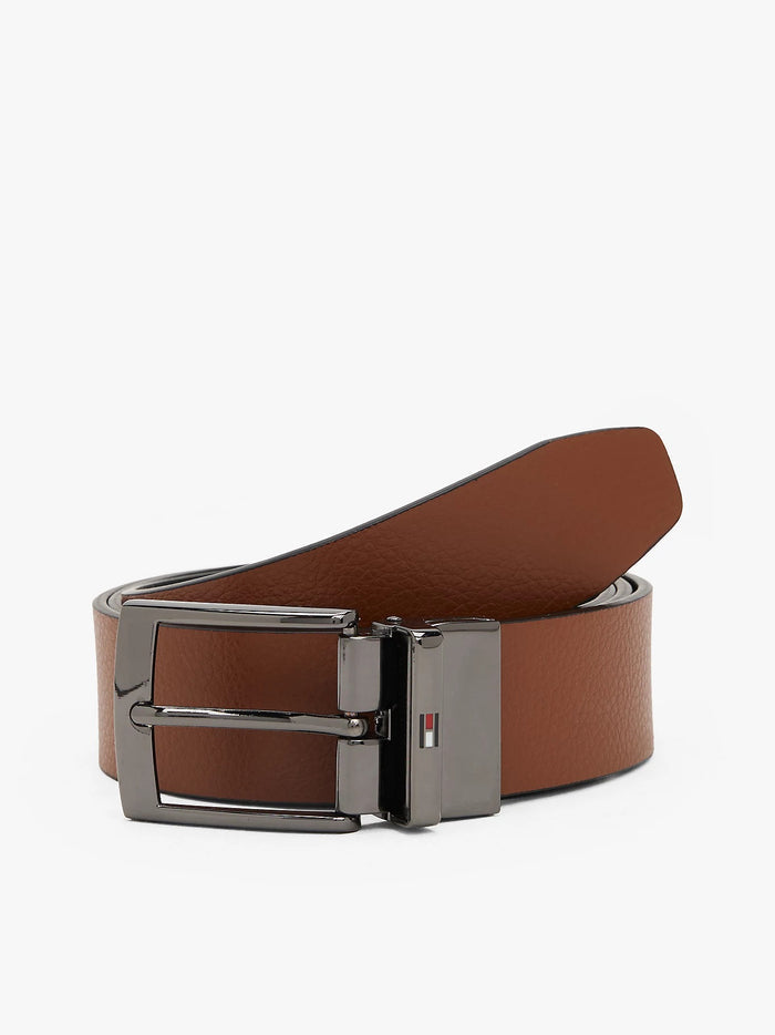 Reversible Square Buckle Leather Belt in Black