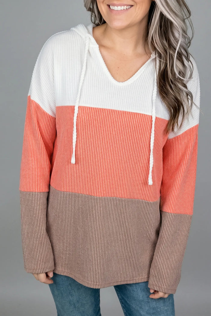 Ribbed Colorblock Hooded Pullover Long Sleeve Top – Gold Flame