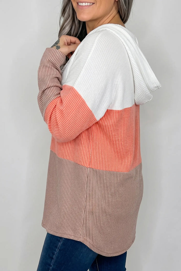 Ribbed Colorblock Hooded Pullover Long Sleeve Top – Gold Flame