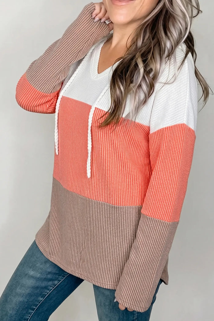 Ribbed Colorblock Hooded Pullover Long Sleeve Top – Gold Flame