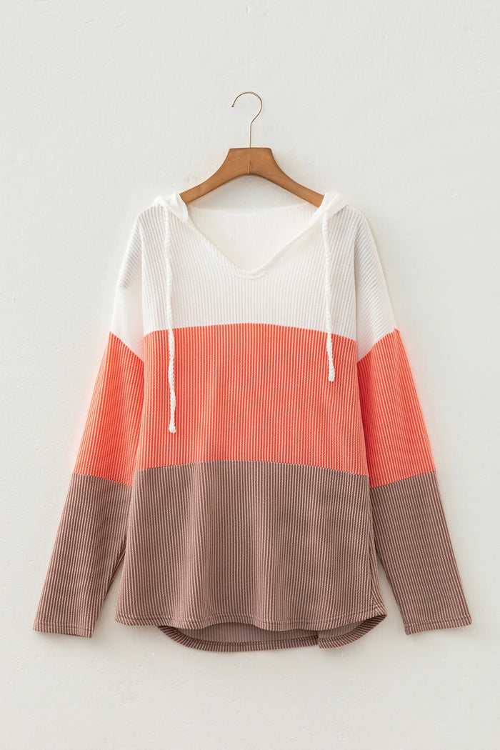 Ribbed Colorblock Hooded Pullover Long Sleeve Top – Gold Flame