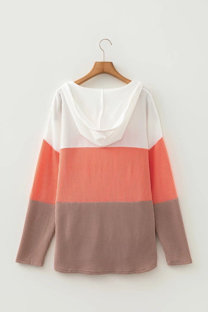 Ribbed Colorblock Hooded Pullover Long Sleeve Top – Gold Flame
